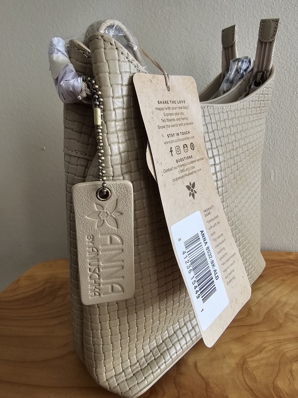 NWT Anna by Anuschka Heritage Leather Woven Shoulder Bag Taupe Cream Purse - Picture 7 of 10